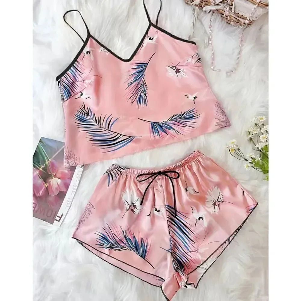 Bohemian Retro Plant Print Pajama Set, V Neck Cami Top &  Short SZ L # 1636